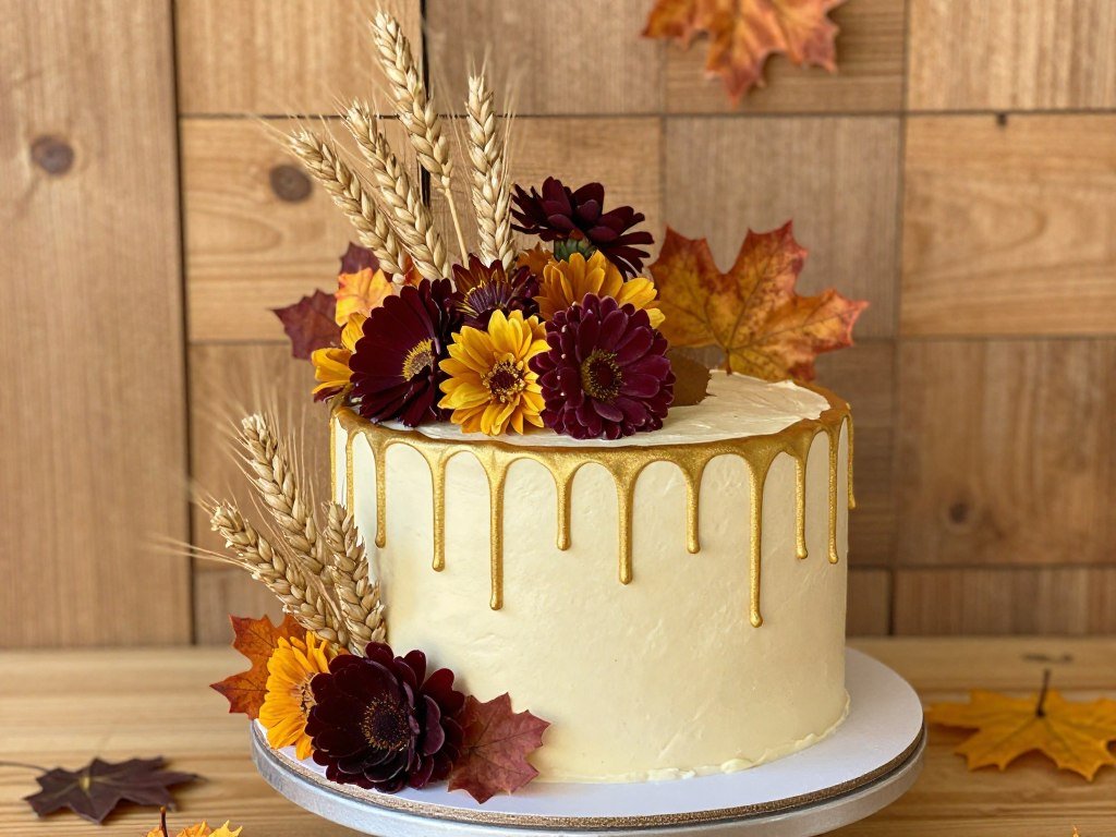 autumn wildflower cake with burgundy and gold flowers