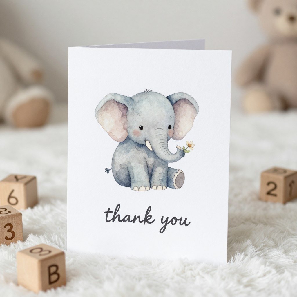 baby shower thank you card with watercolor elephant illustration in soft blue and gray