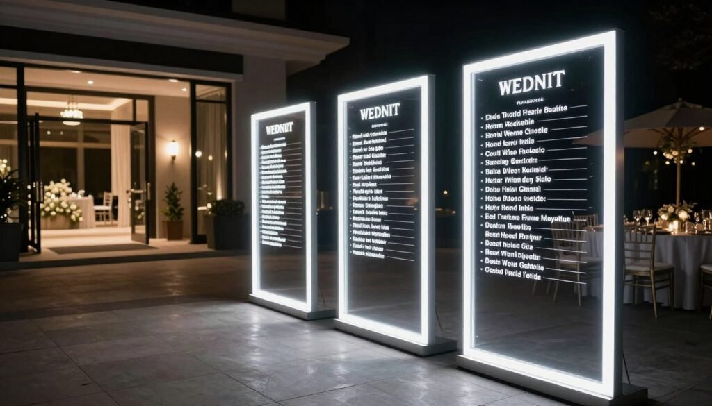 backlit wedding seating chart with LED lighting at night reception backlit wedding seating chart with LED lighting at night reception