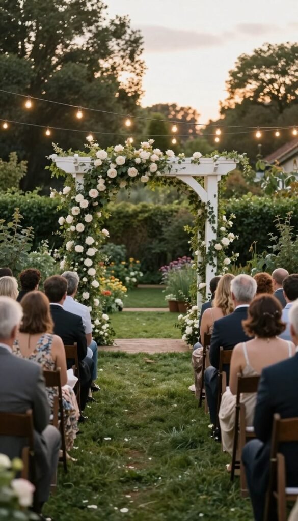 backyard garden micro wedding ceremony with floral arch and intimate guest seating