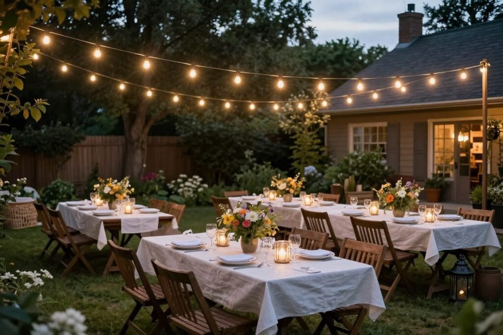 backyard garden party setup with string lights and casual table settings backyard garden party setup with string lights and casual table settings