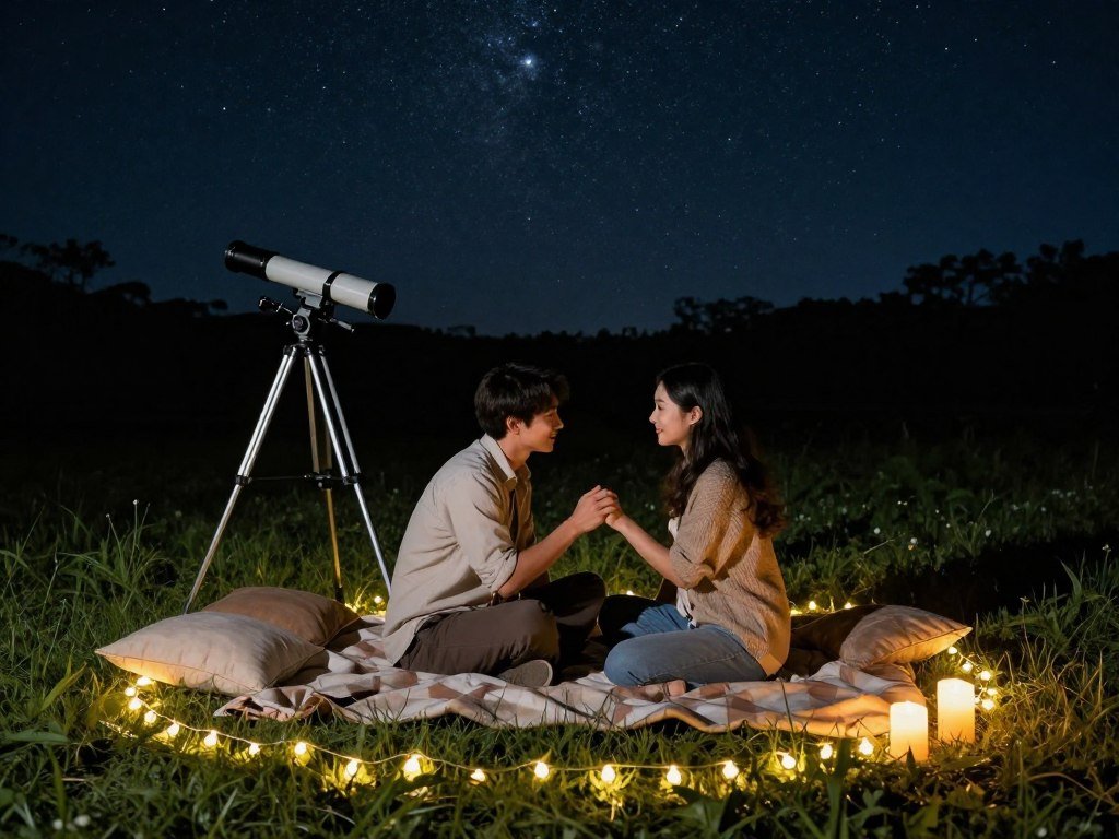 backyard stargazing proposal setup with blankets under night sky