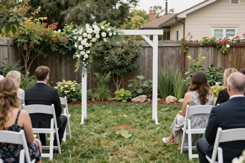 backyard wedding ceremony with garden backdrop