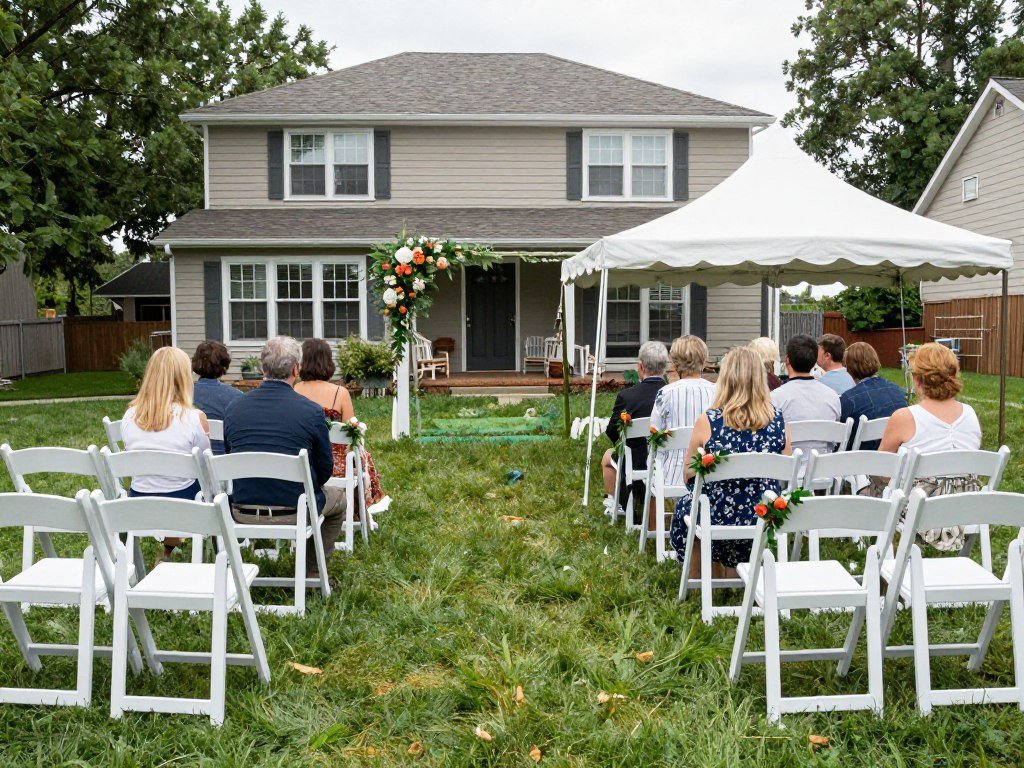 backyard wedding ceremony with white chairs and flower decorations backyard wedding ceremony with white chairs and flower decorations
