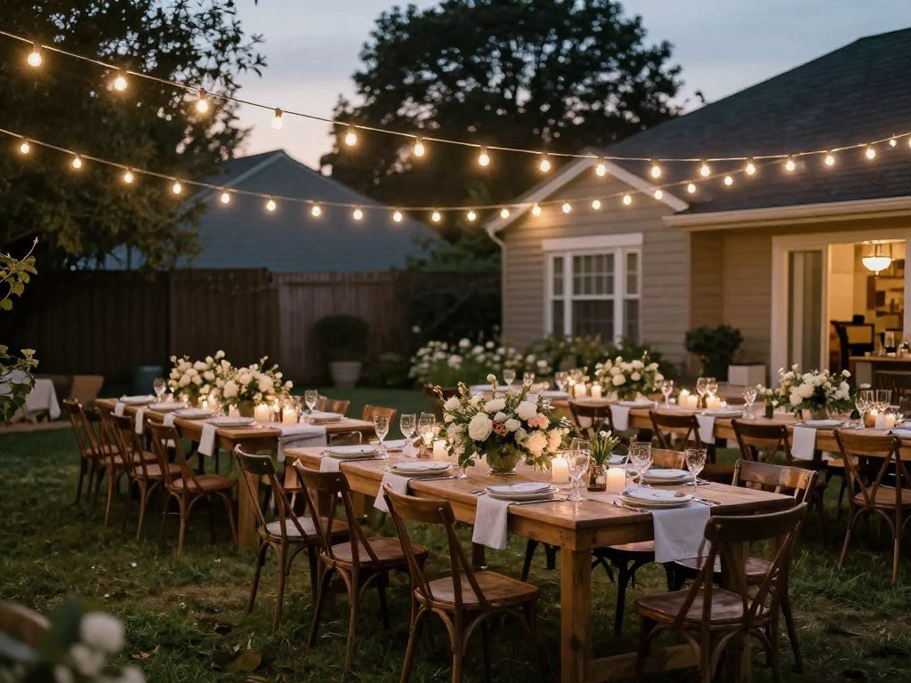 backyard wedding reception with string lights