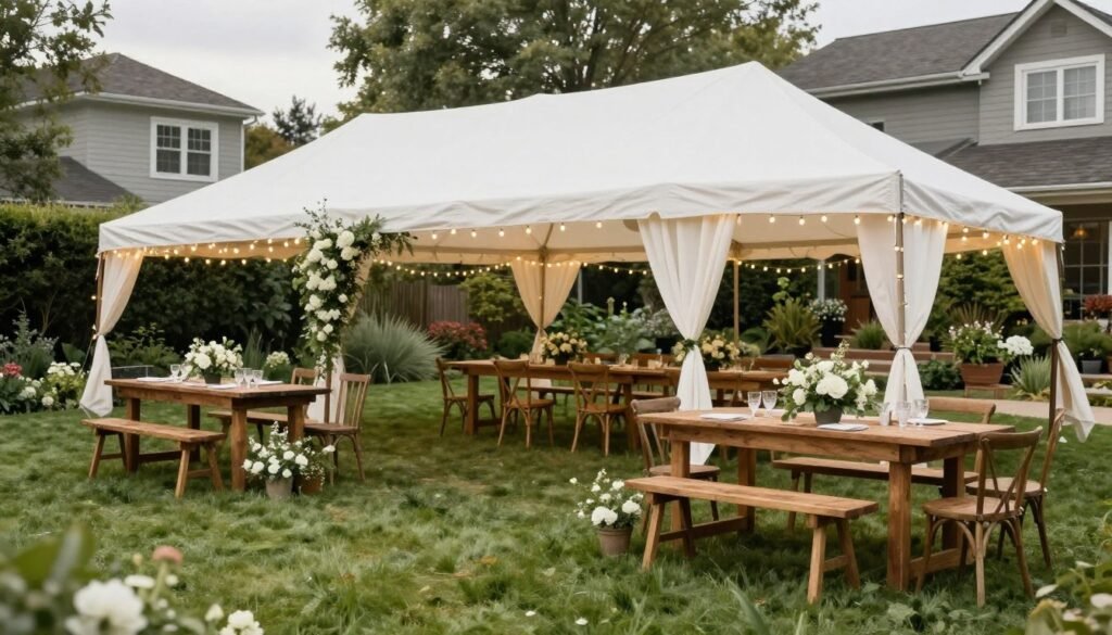 backyard wedding setup with tent and decorations