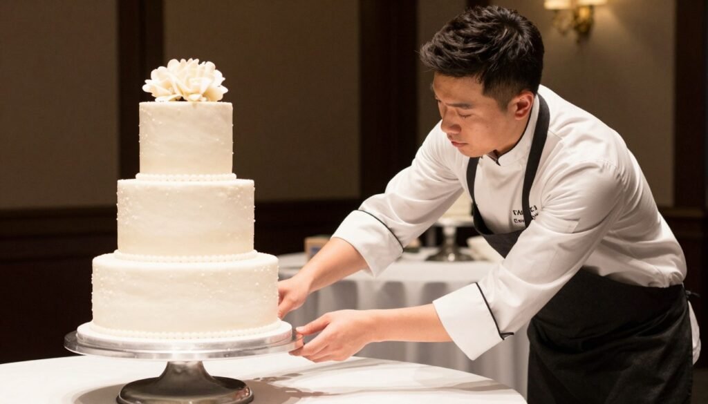 baker assembling tiered cake at event location