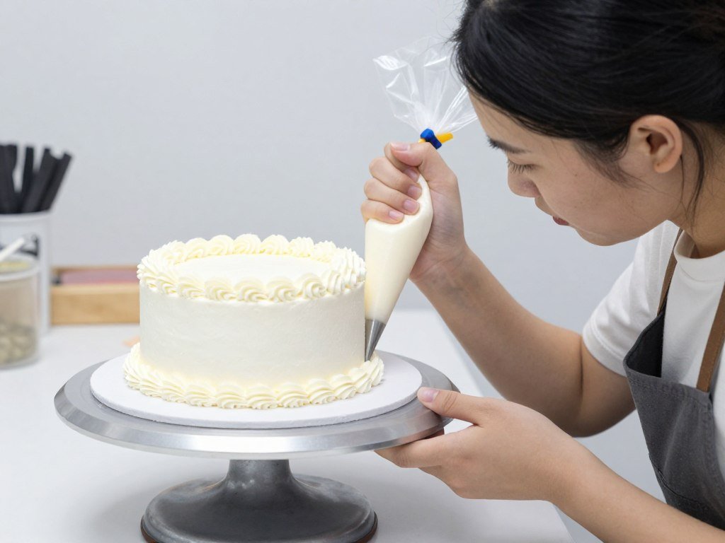 bakery decorator piping borders on sheet cake