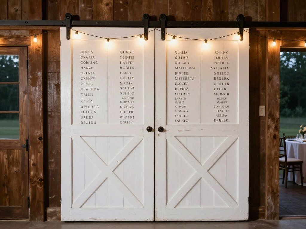 barn door wedding seating chart display with string lights barn door wedding seating chart display with string lights