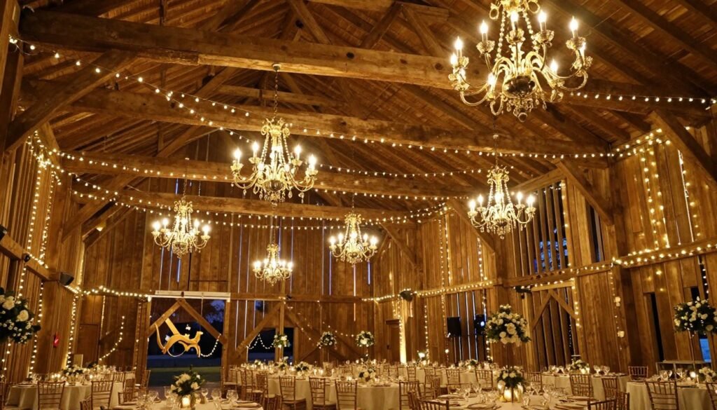 barn interior with string lights and chandeliers creating magical ambiance