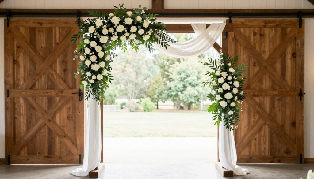 barn wedding altar with floral arch and draped fabric