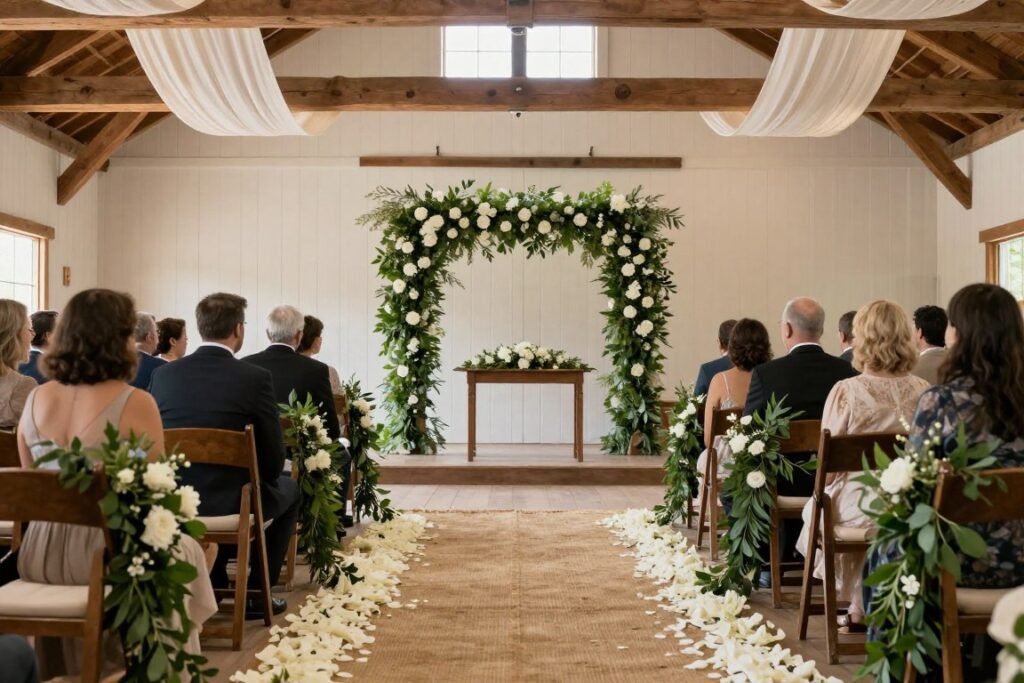 barn wedding ceremony aisle with flower petals and greenery