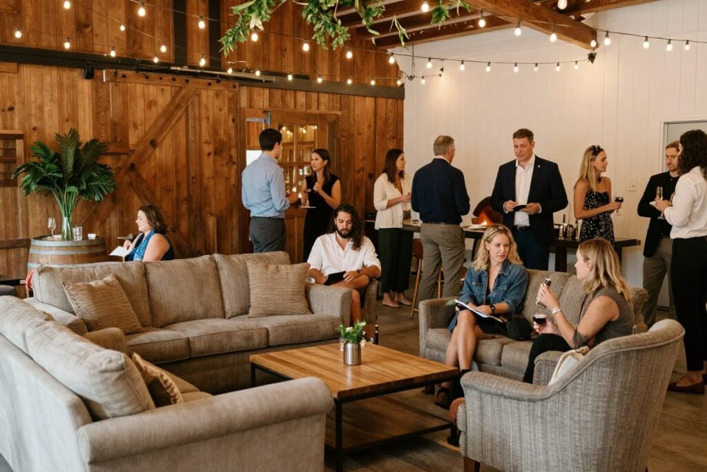 barn wedding cocktail hour lounge area