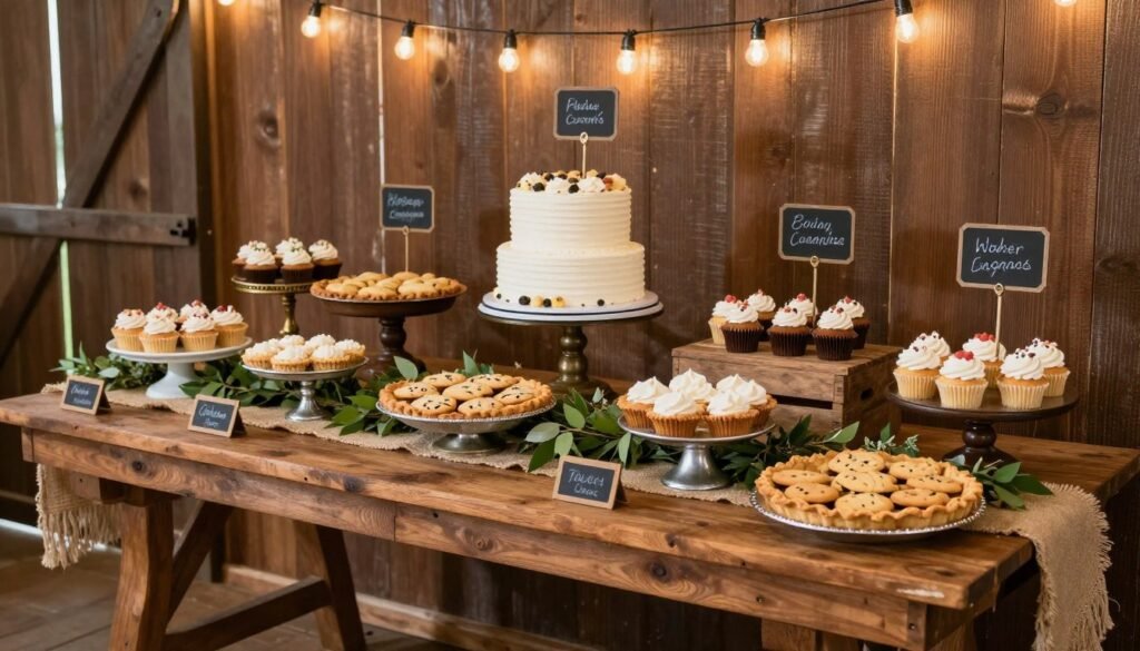 barn wedding dessert table display