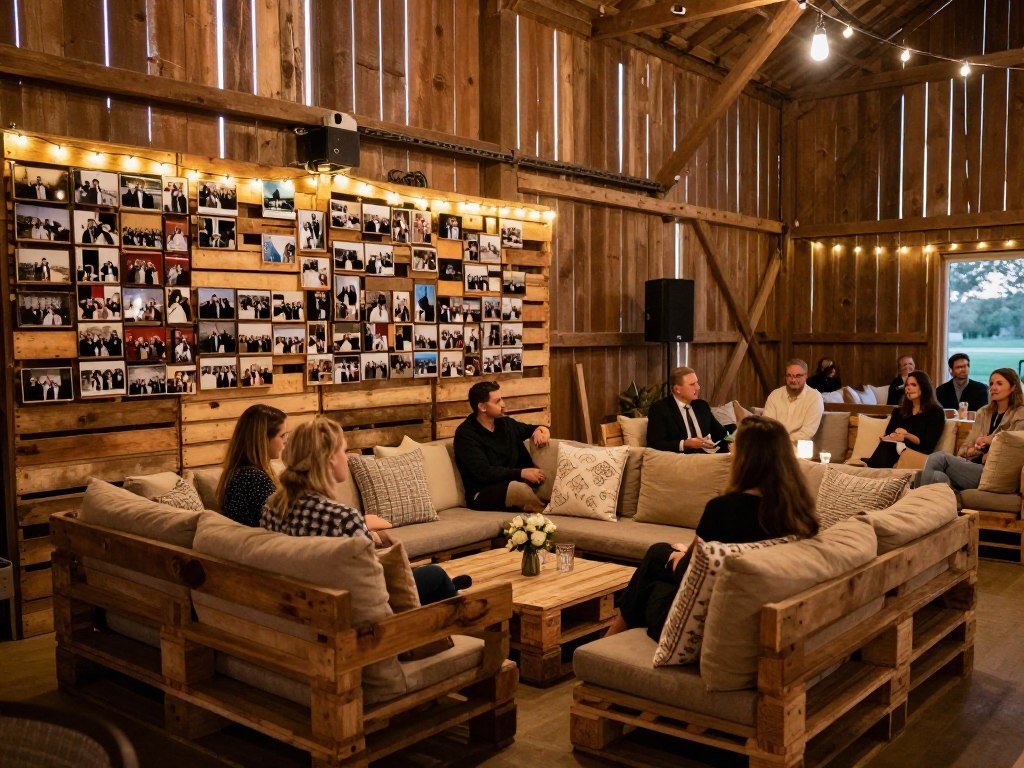 barn wedding reception with pallet lounge area