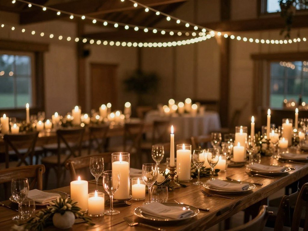 barn wedding tables with candle centerpieces and overhead lighting