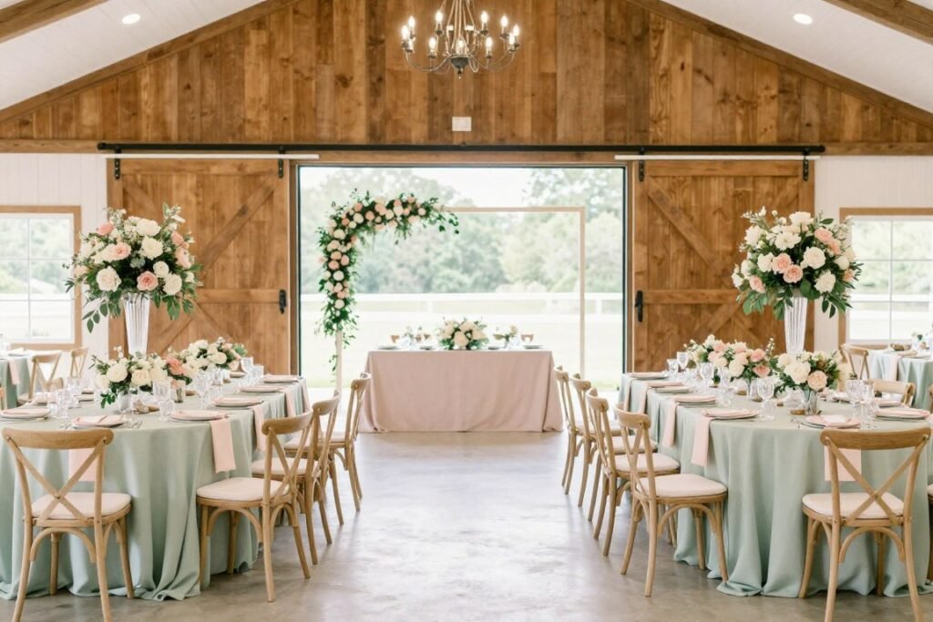 barn wedding with cohesive color scheme throughout decor