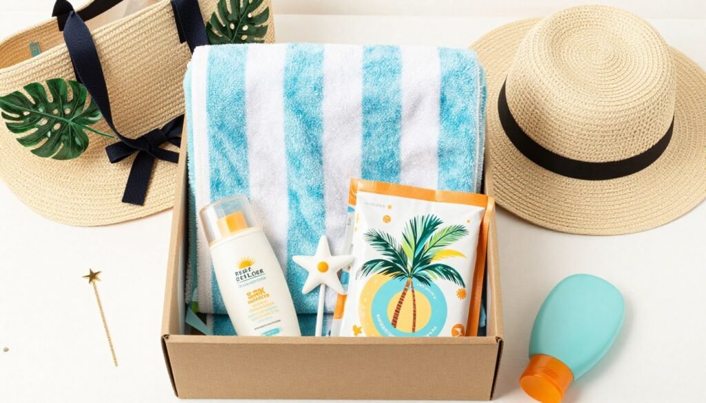 beach destination travel gift box with sunscreen beach towel and accessories