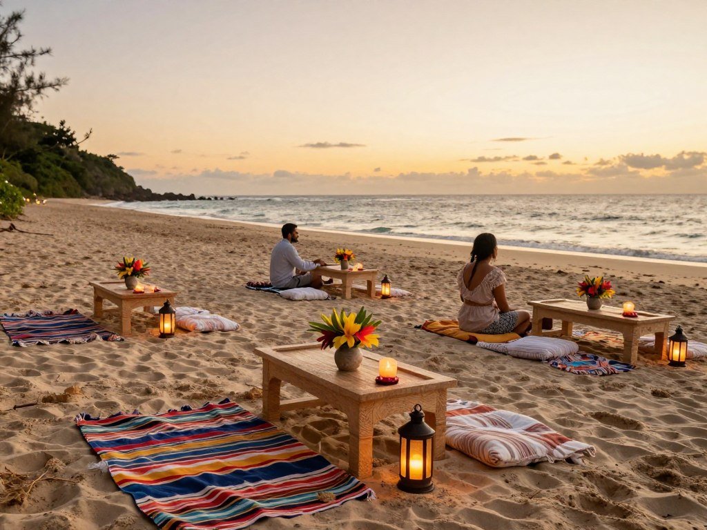 beach engagement party at sunset with blankets and decorations