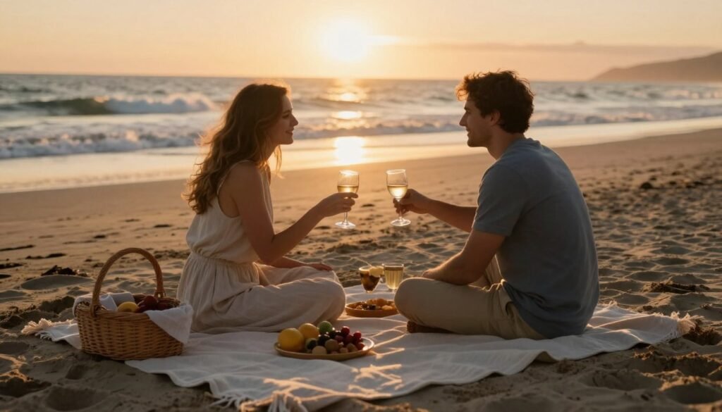 beach picnic during golden hour sunset