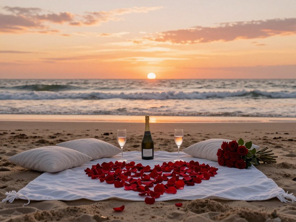 beach proposal setup at sunset with picnic and rose petals