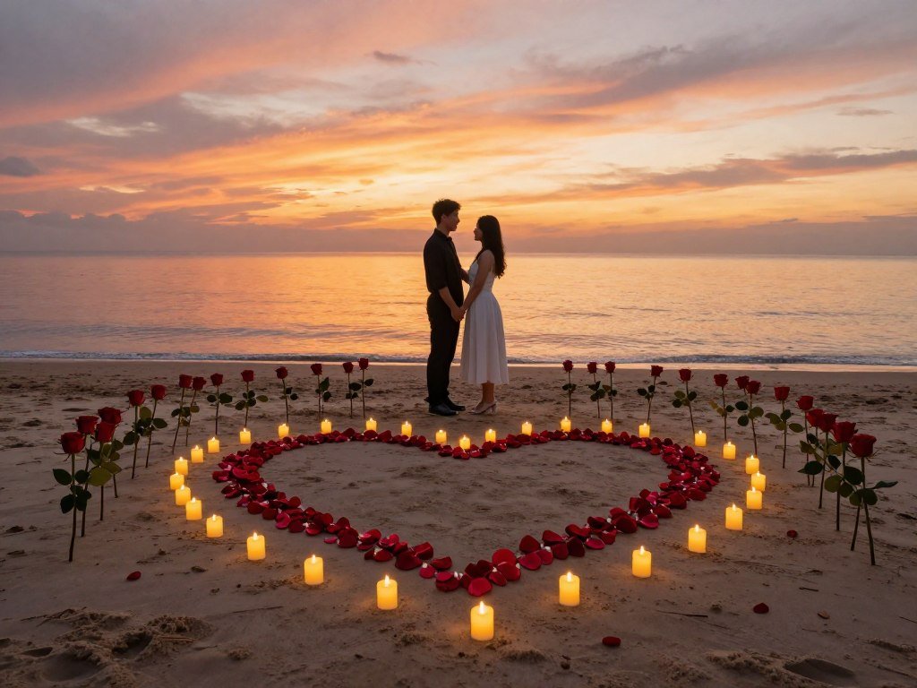 beach proposal setup with candles and rose petals at sunset