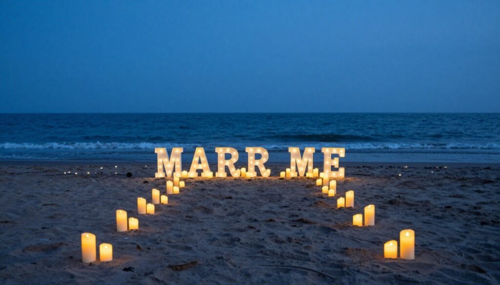 beach proposal setup with led candles creating pathway on sand at dusk beach proposal setup with led candles creating pathway on sand at dusk