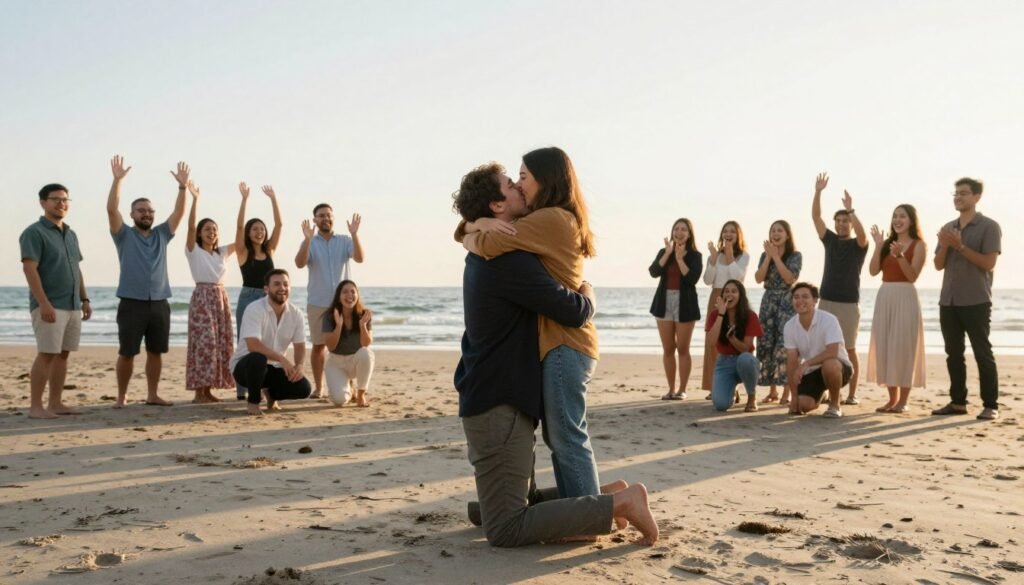 beach proposal surprise with hidden family and friends celebrating in background beach proposal surprise with hidden family and friends celebrating in background
