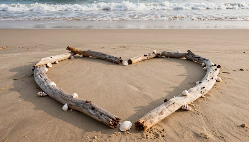 beach proposal with driftwood and seashells arranged in heart shape on sand beach proposal with driftwood and seashells arranged in heart shape on sand