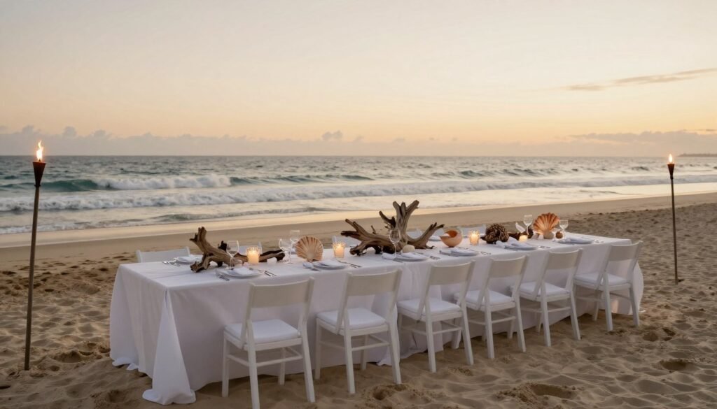 beach rehearsal dinner setup at sunset with tables on sand beach rehearsal dinner setup at sunset with tables on sand