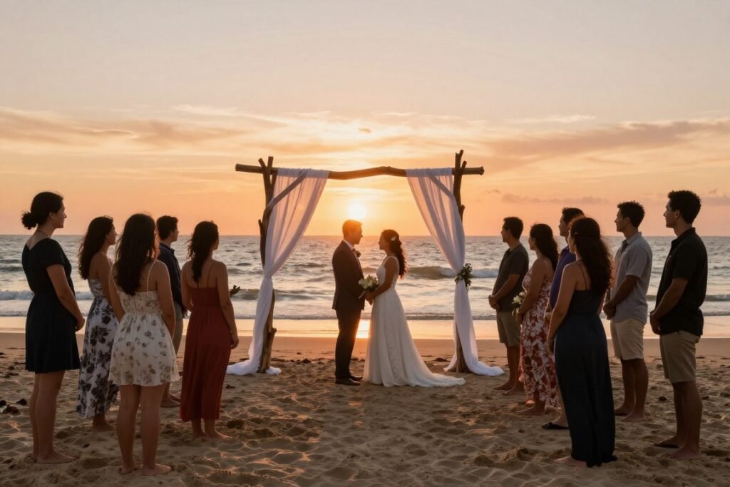 beach sunset micro wedding ceremony with barefoot guests and ocean backdrop