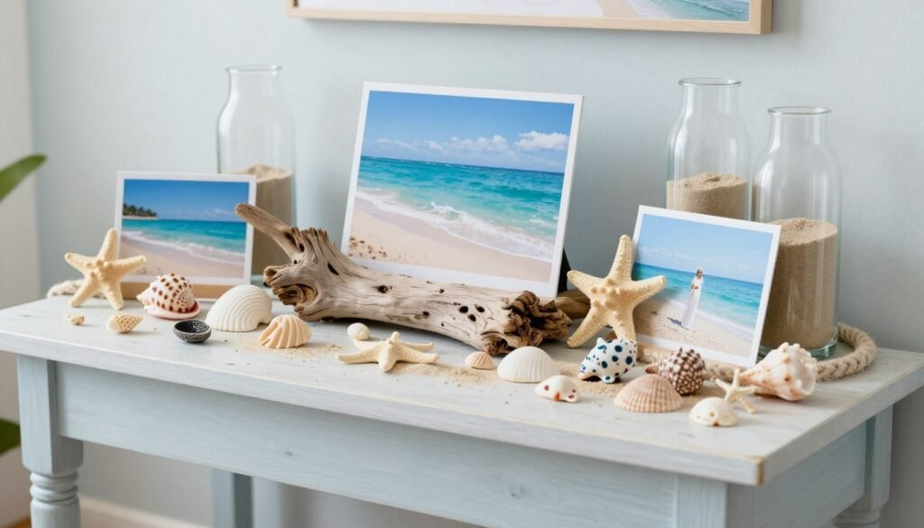 beach themed memorial table with shells and nautical elements
