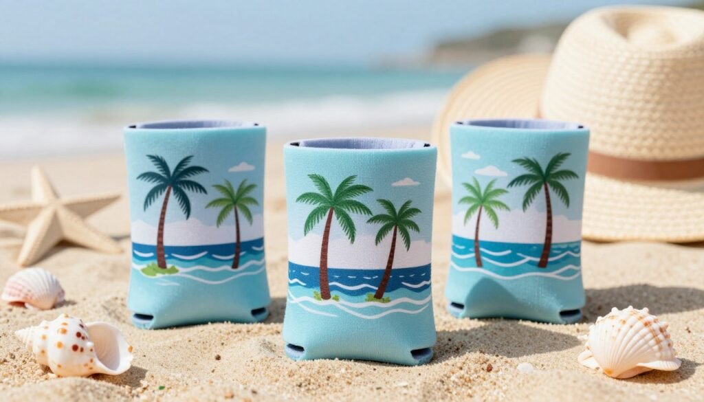 beach themed wedding koozies with tropical design
