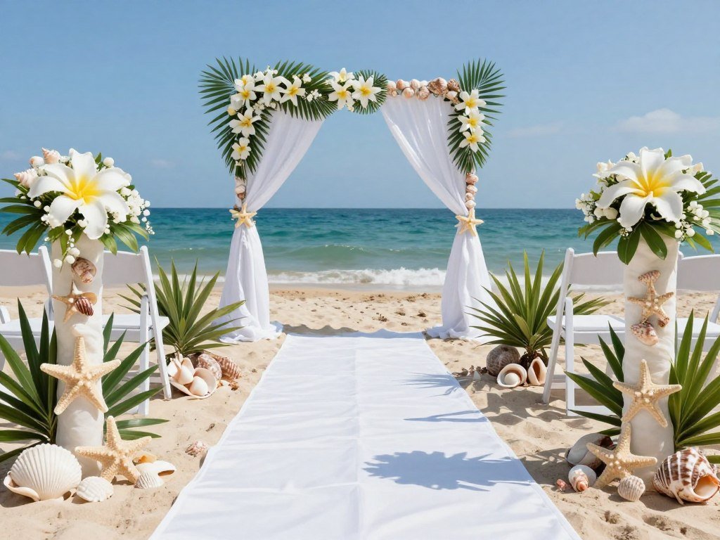 beach wedding aisle with seashells and flowers