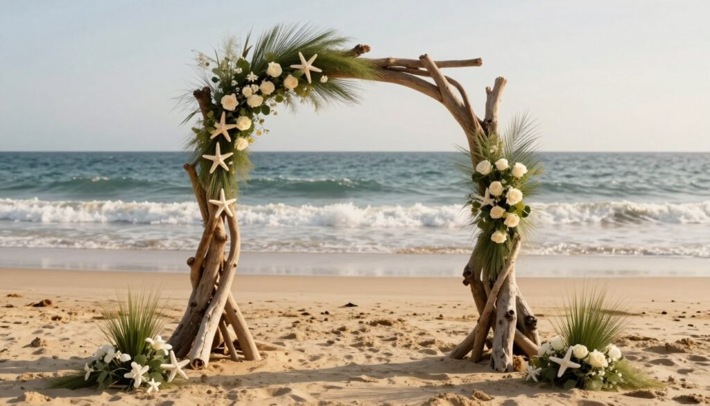 beach wedding altar ideas with driftwood and ocean view