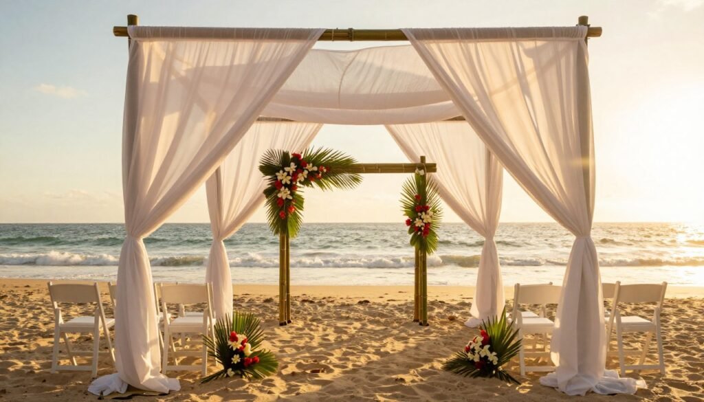 beach wedding ceremony setup at sunset