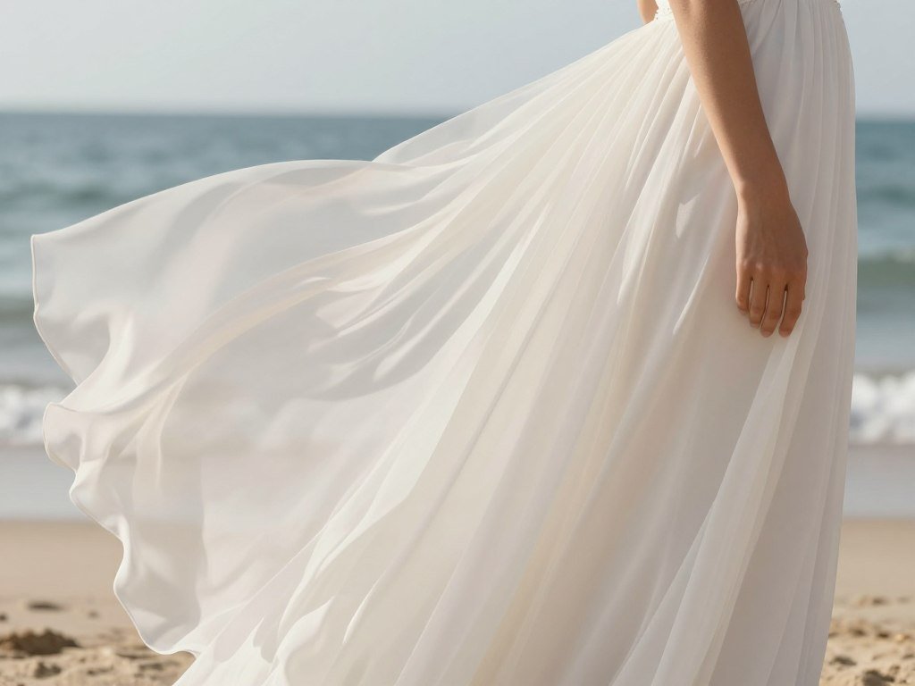 beach wedding dress detail showing flowing fabric
