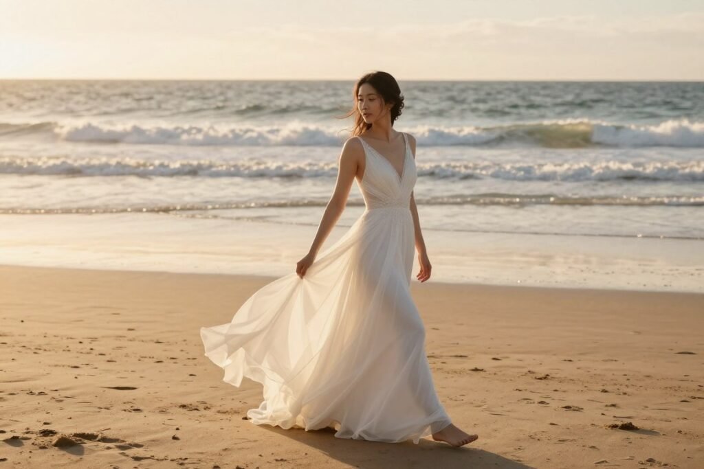 beach wedding dress lightweight fabric ocean setting