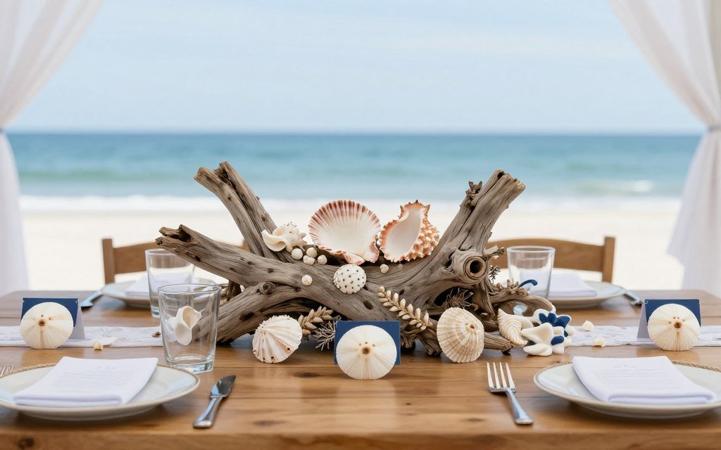 beach wedding tables with natural coastal decor elements