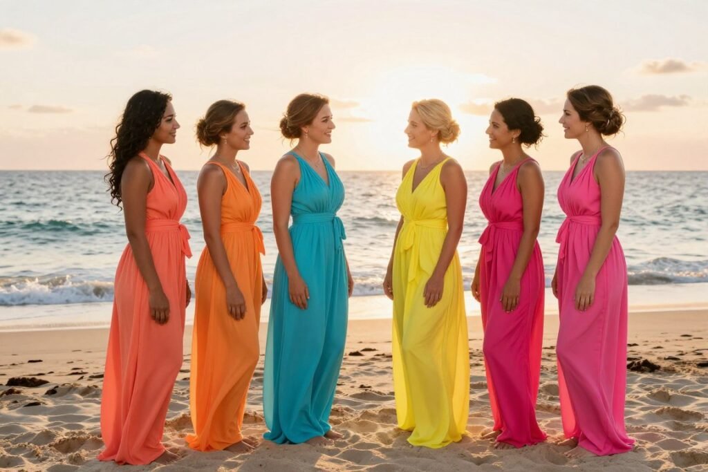 beach wedding with bridesmaids in vibrant coral turquoise and sunny yellow dresses