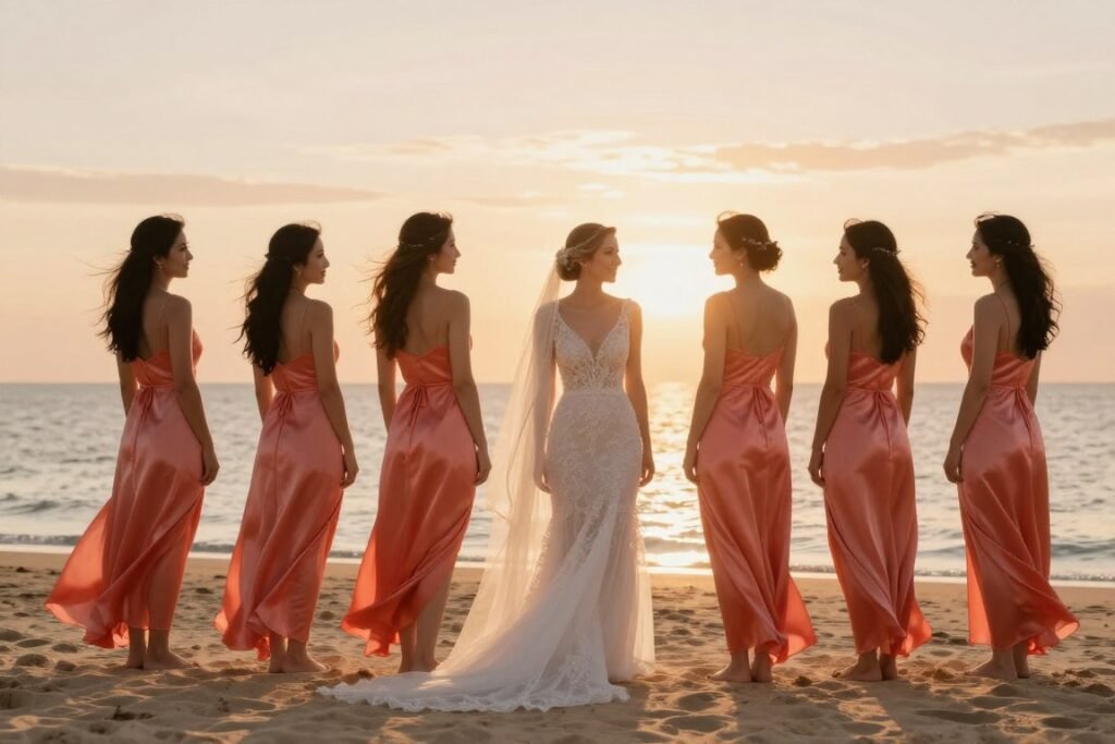 beach wedding with flowing satin bridesmaid dresses