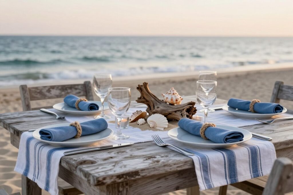 beachside table setting for coastal dinner
