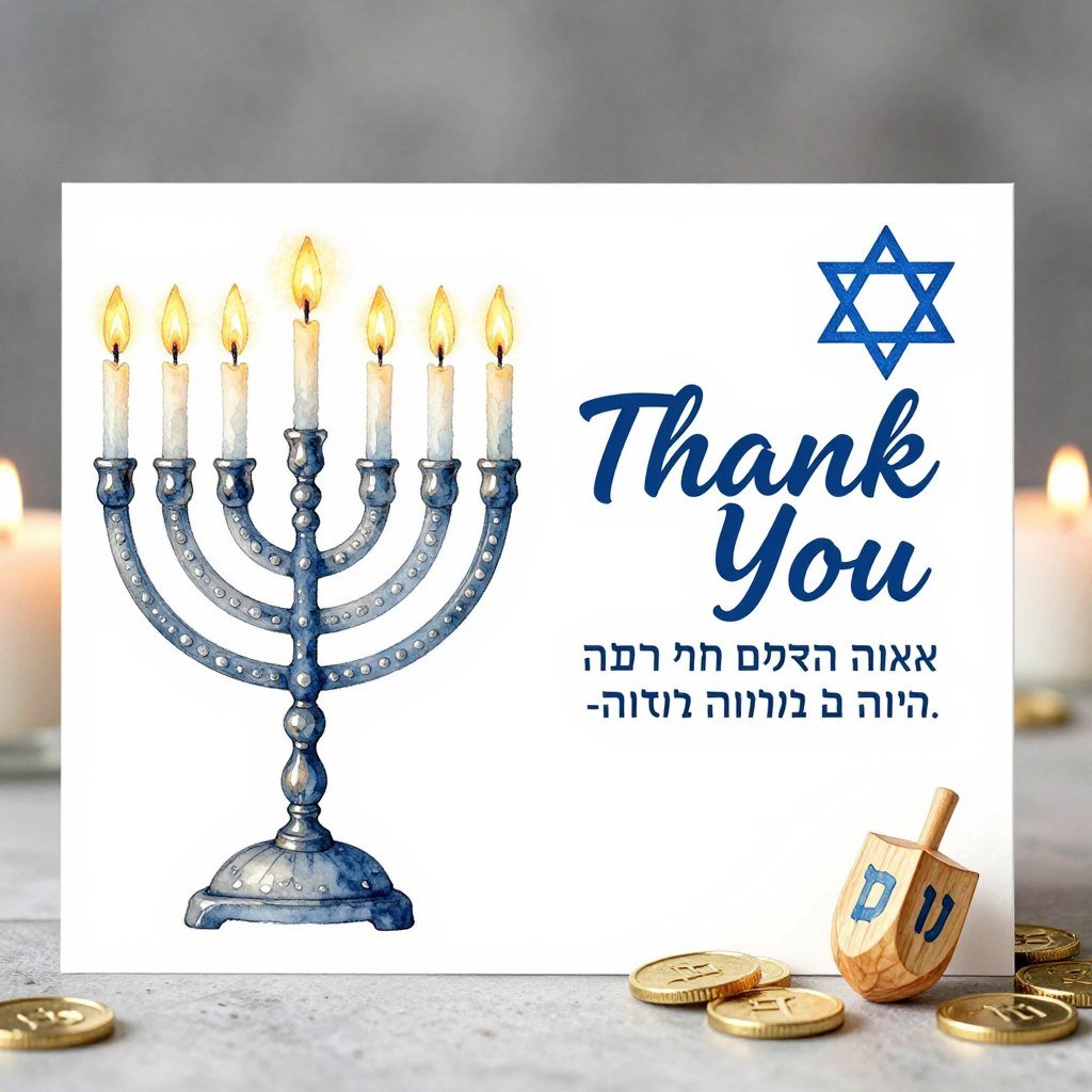 beautiful Hanukkah thank you card with menorah illustration and Hebrew blessing