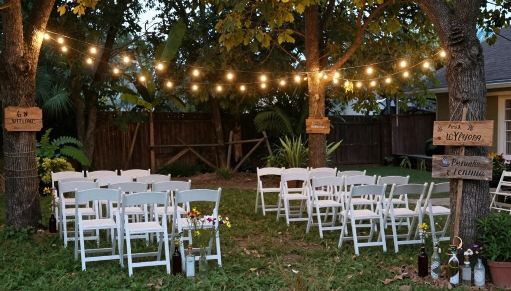 beautiful backyard wedding setup with string lights and simple decorations beautiful backyard wedding setup with string lights and simple decorations