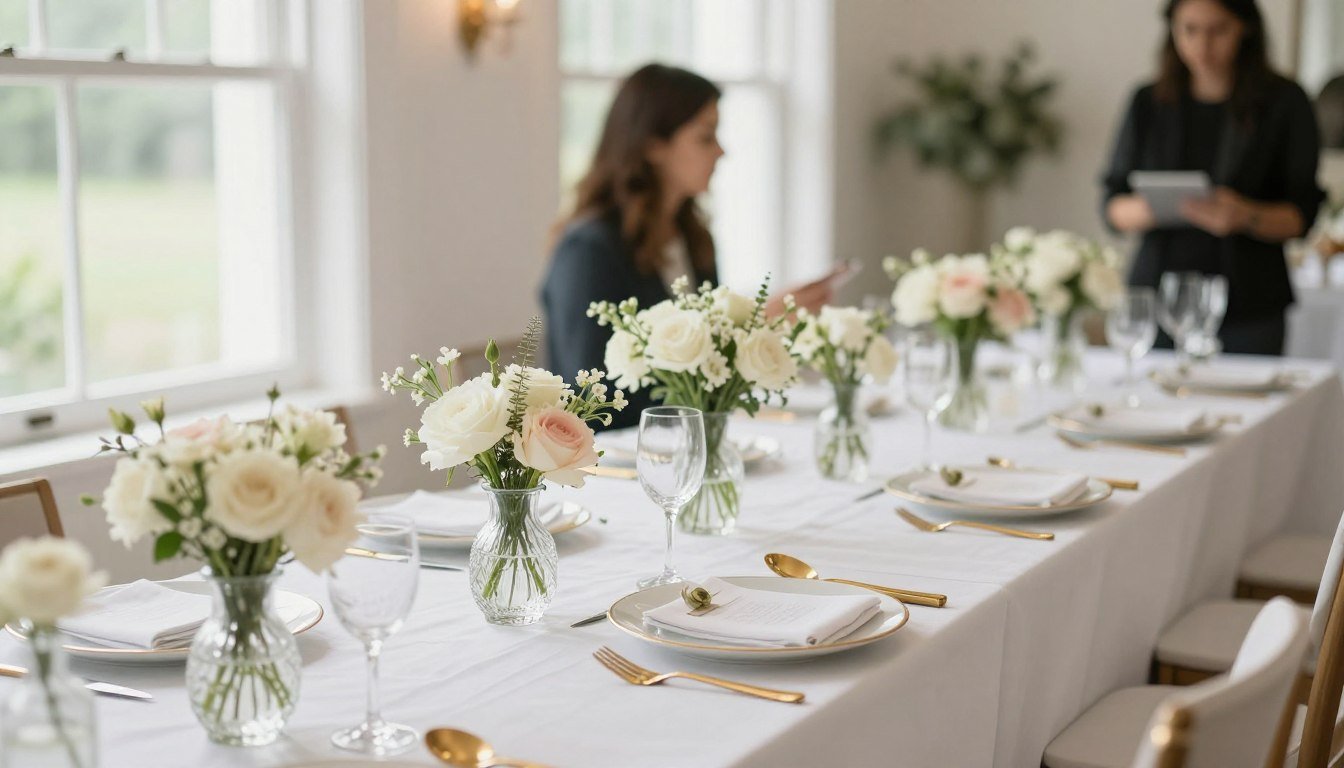beautiful bridal shower decoration setup with elegant table settings and floral centerpieces