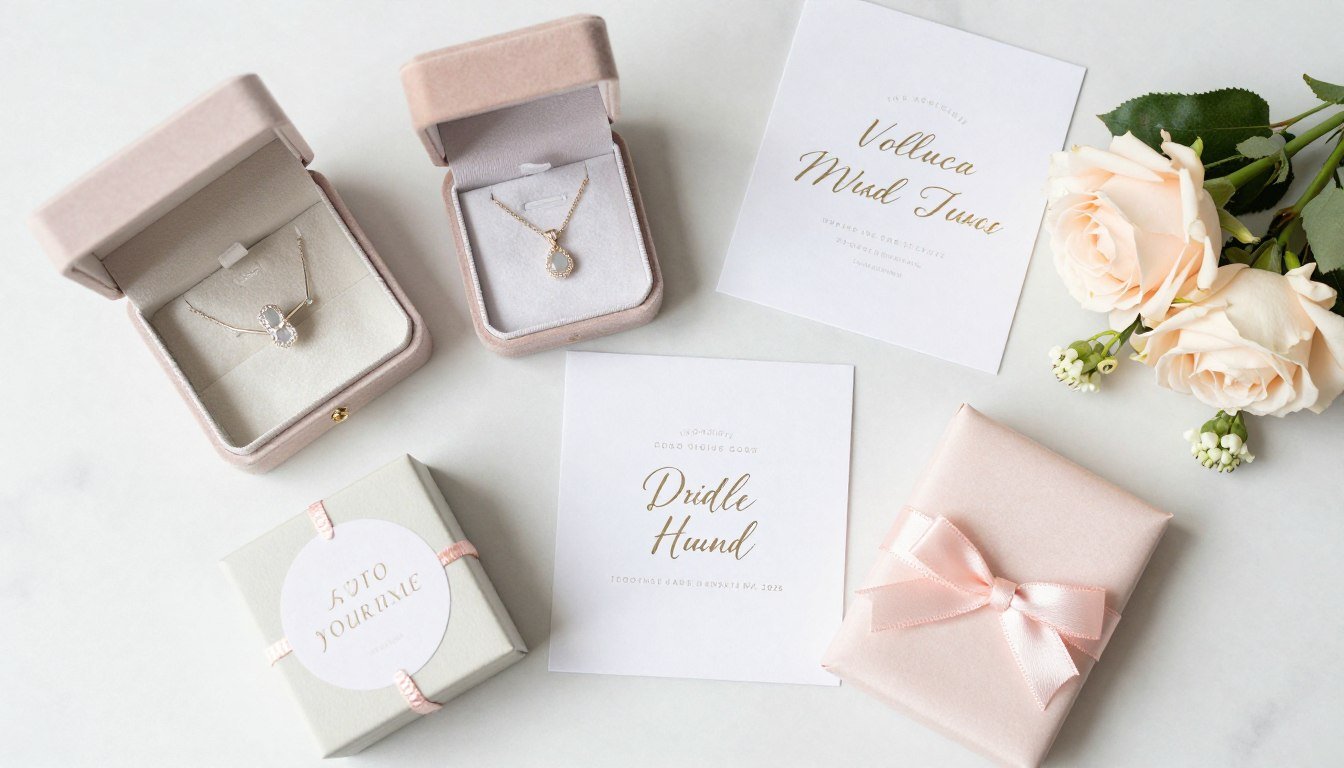 beautiful bridesmaid gifts arranged on white background