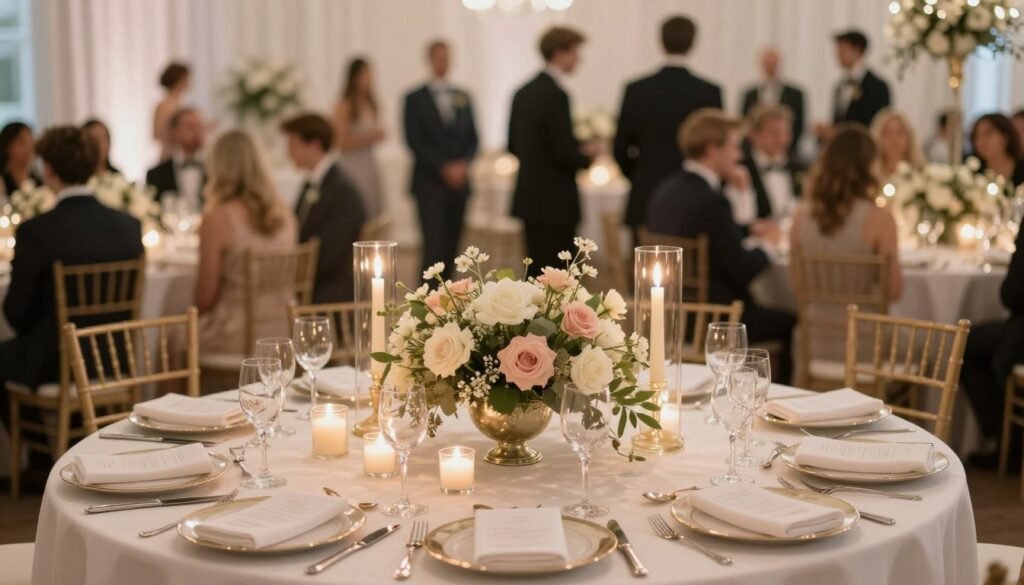 beautiful complete wedding table setup representing finished decorated reception