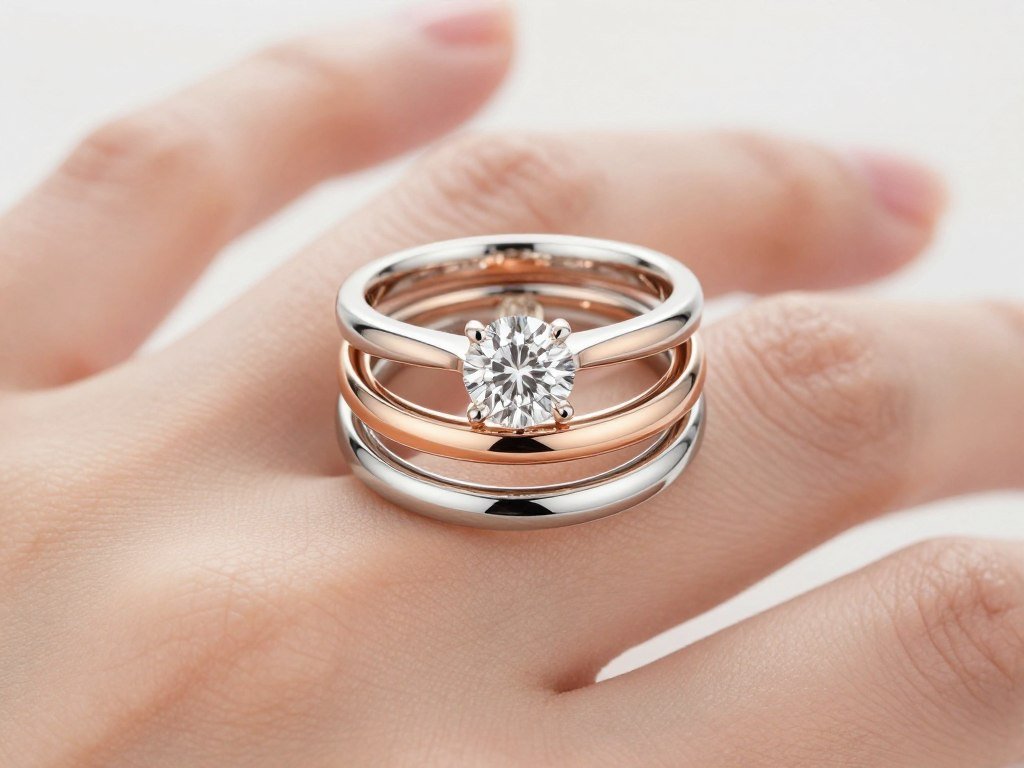 beautiful completed ring stack on hand showing harmonious combination beautiful completed ring stack on hand showing harmonious combination