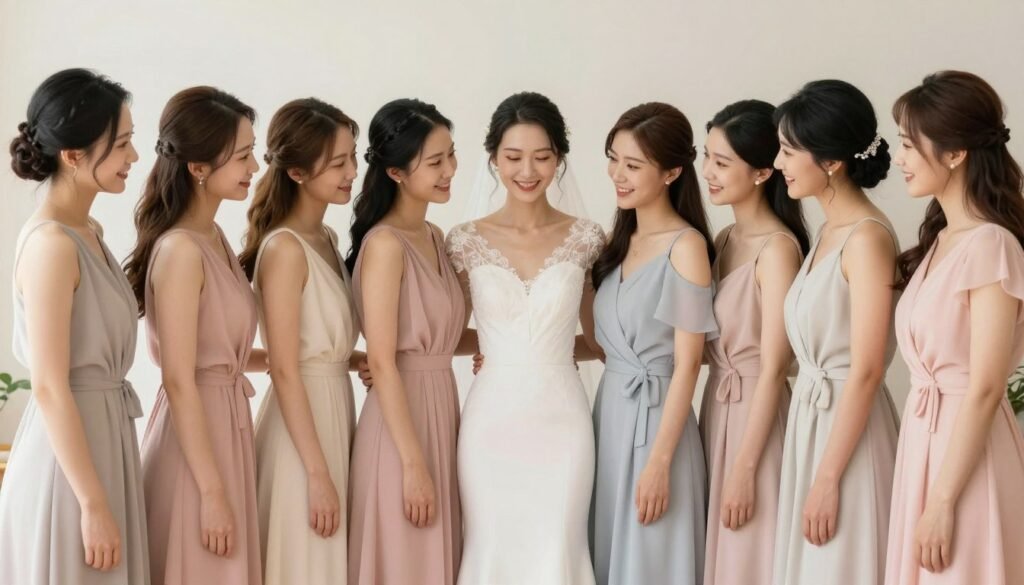 beautiful group photo of bride and bridesmaids with varied hairstyles
