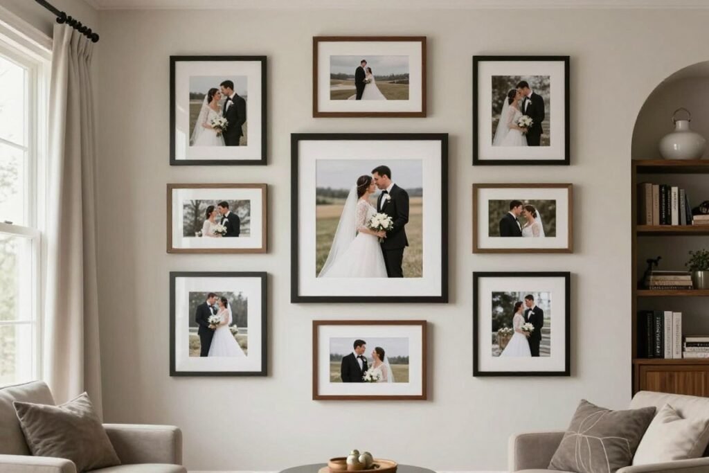 beautiful home display of framed wedding guest book alternative on gallery wall with wedding photos beautiful home display of framed wedding guest book alternative on gallery wall with wedding photos